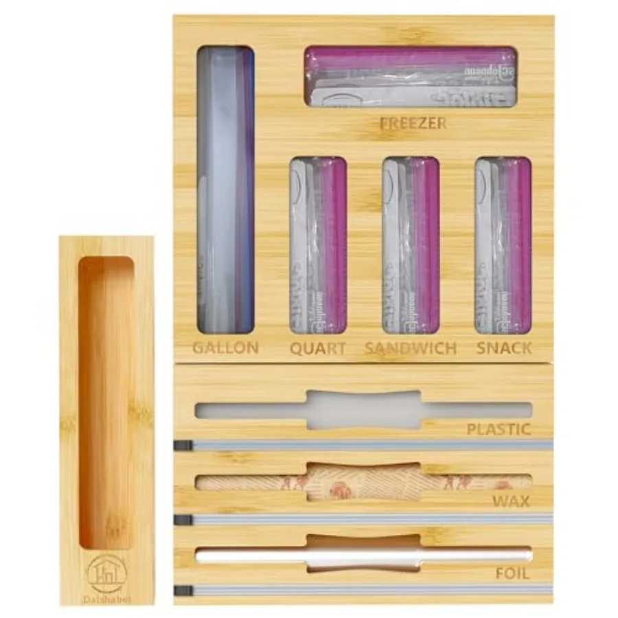 

Органайзер для кухонных ящиков 9-в-1 из бамбука с диспенсером для фольги и пищевой пленки, совместимый со всеми типами B