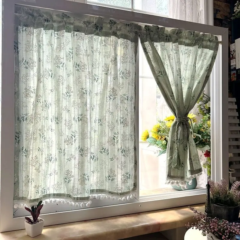 Korean Daisy Curtains Blackout Curtains with Tassel, Cotton Floral Curtain for Kitchen, Bedroom, Living Room, Bay Window Cabinet