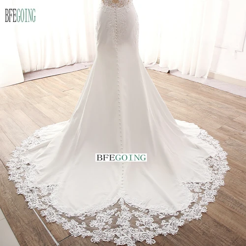 Imagen 2 del producto Lujoso Aplique de encaje con cuentas, sirena/trompeta, vestidos de novia, tren de la campana, hecho a medida, cuello en V, tirantes finos