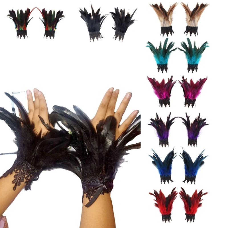 Punk Gothic Gloves Feather Wrist Cuff Stage Show Showgirl Natural Dyed Rooster Feather Arm Warmer Party Cosplay Costume