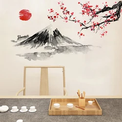 Ink Painting Japan Mount Fuji Red Sun Cherry Blossom Wall Stickers for Waterproof PVC Living Room Home Decoration
