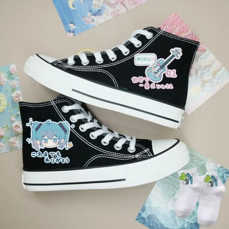 Kawaii hatsune miku primavera e outono novos sapatos de lona bonito dos desenhos animados masculino e feminino na moda alta superior sapatos casuais presente do feriado