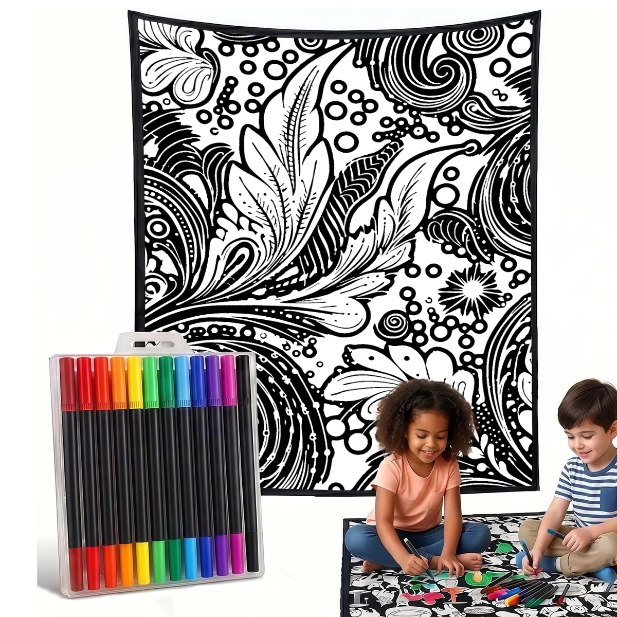Black Gold Floral DIY Cozy Coloring Blankets -24 Markers, Cozy Velvet Ideal For Daily Use Home Decor And Kids Spaces