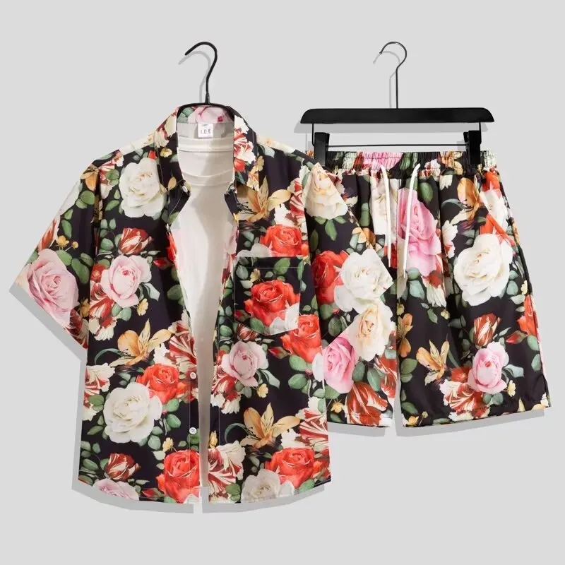 Summer Men's Hawaiian Shirt Set Fashion Loose Casual Handsome Beach Vacation Short Sleeve Flower Shirt Shorts Two Piece Set