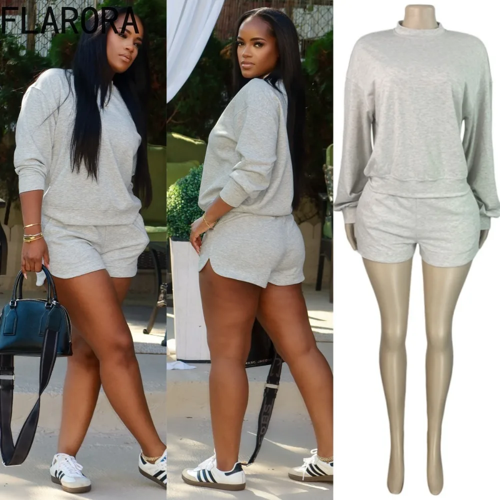 FLARORA カジュアルスポーティ 2 ピースセット女性ソリッドカラー O ネック長袖プルオーバーとドローストリングショーツ秋ストリートトラックスーツ