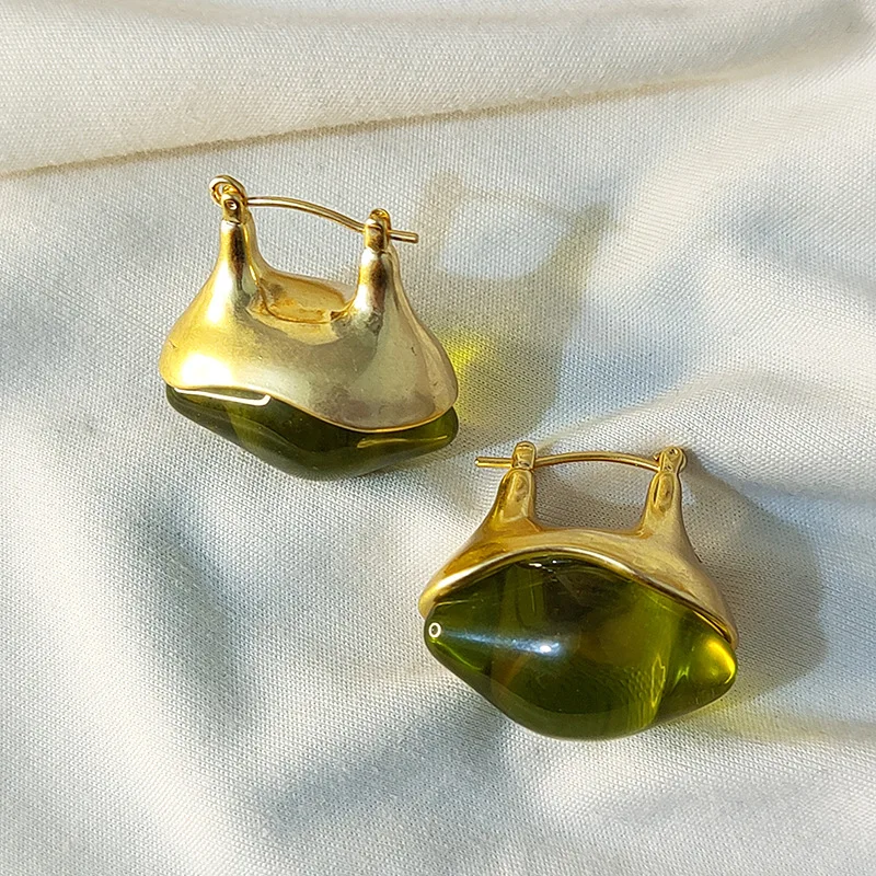 Special Shape Irregular Green Red Resin U-shaped Metal Earrings French Retro Glaze Hoop Earrings for Women Girl Jewelry NEW INS