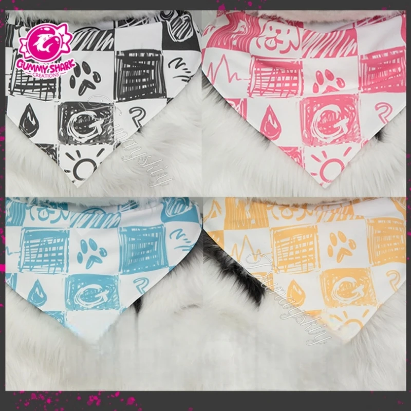 Cartoon Graffiti Checkered Fursuit Bandana Bib With Collar Furry Grid Print Triangle Neck Scarf For Fursuit Cos Multi-Color