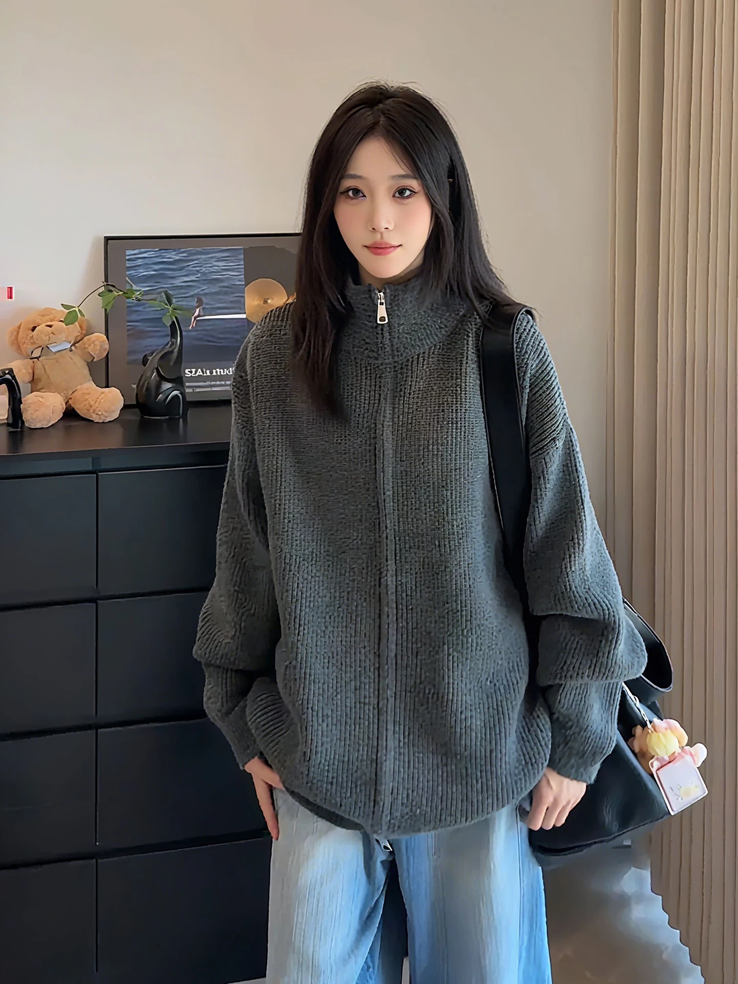 

Double Zipper Open Cardigan Knitwear ex Autumn Cleanfit Stand Collar American Retro Sle Long Sve Breathable Polyester