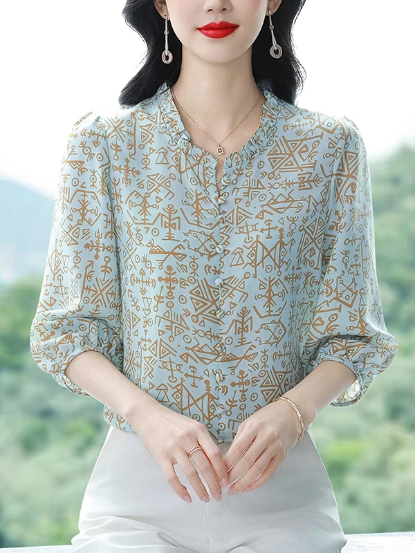 

Ele Floral Print Silk Chiffon irt Women's Summer Faion Anti-Aging Seven-Quarter Sve Satin Top with Wooden