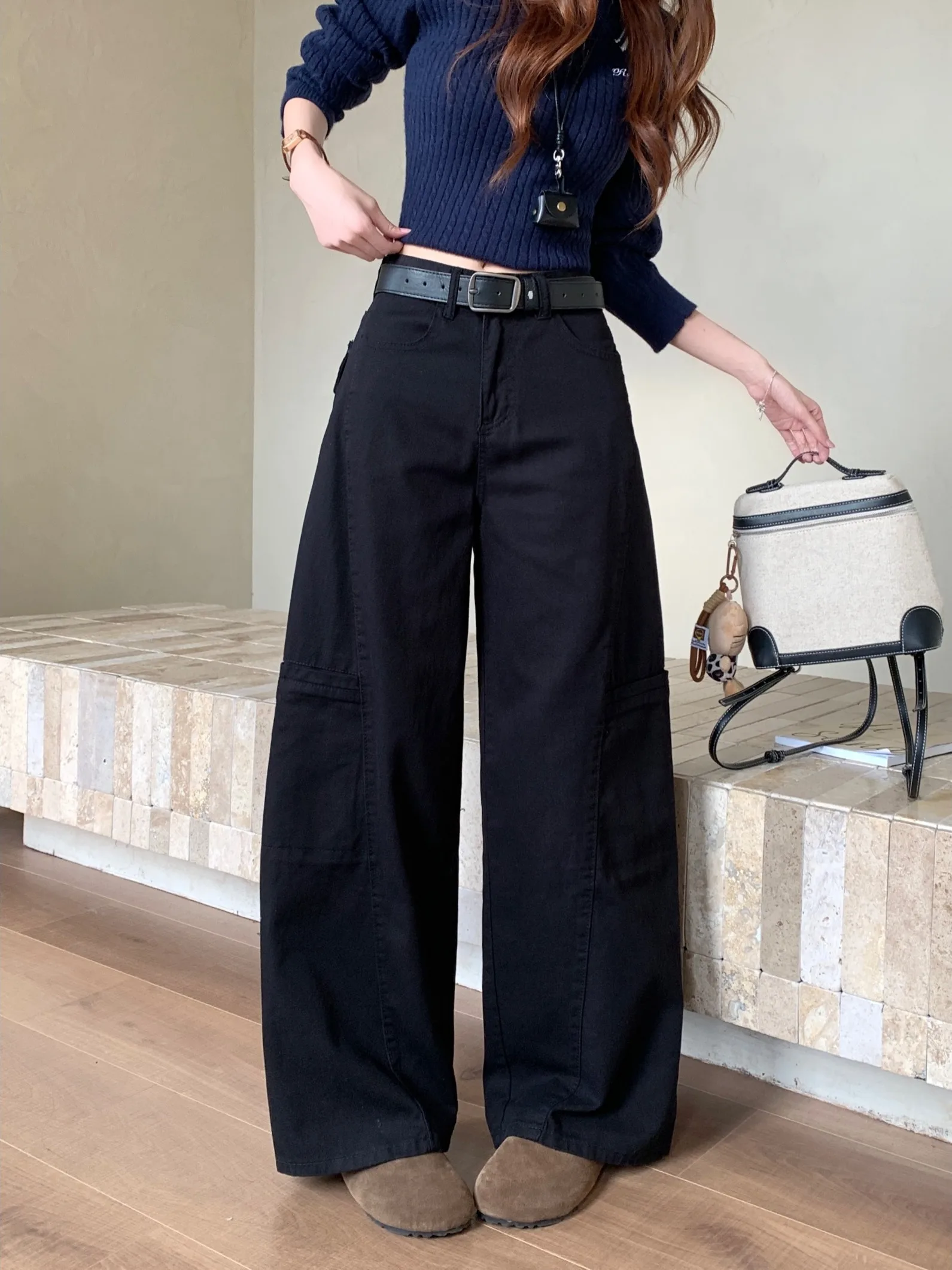 

High Waist Black Denim Pants Women's Loose Slimming Simple Match Knife Long Pants Commute Style Winter Season Ladies