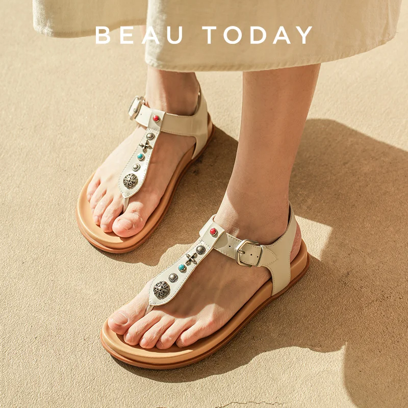 BEAUTODAY Punk Sandals Women Cow Leather Flip Flop T-Strap Rivet Metal Decoration Buckle Band Ladies Flat Shoes Handmade 34631