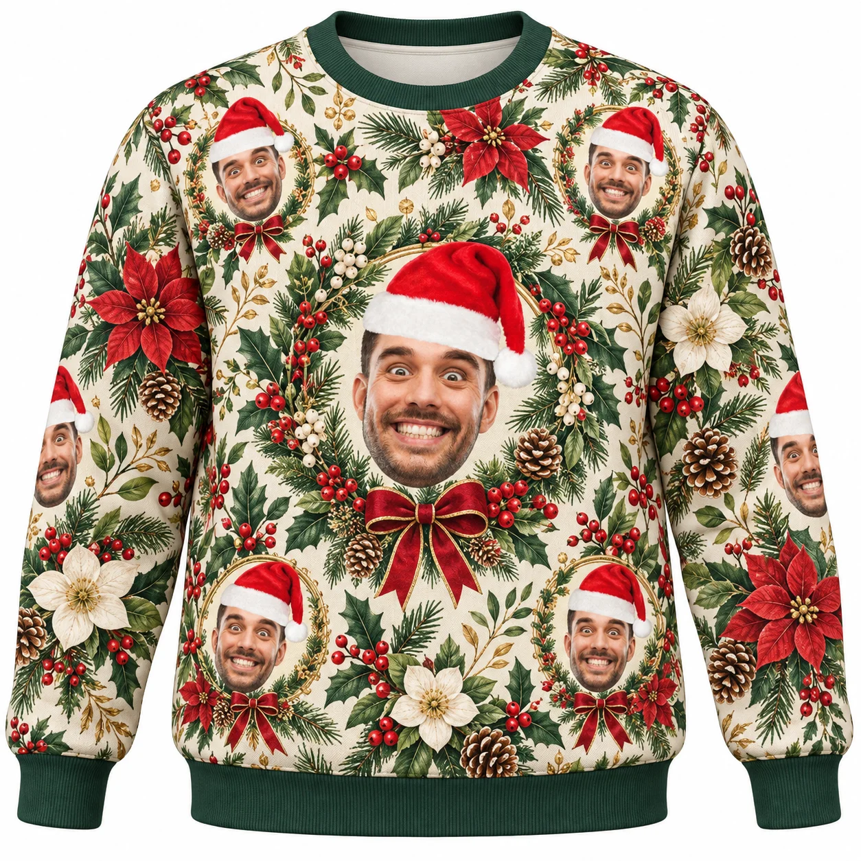 2027 Personalized Photo Holiday Sweaters with Gold Bow Wreaths and Cabin Art Ugly Christmas Sweater Custom Face Crewneck Gift