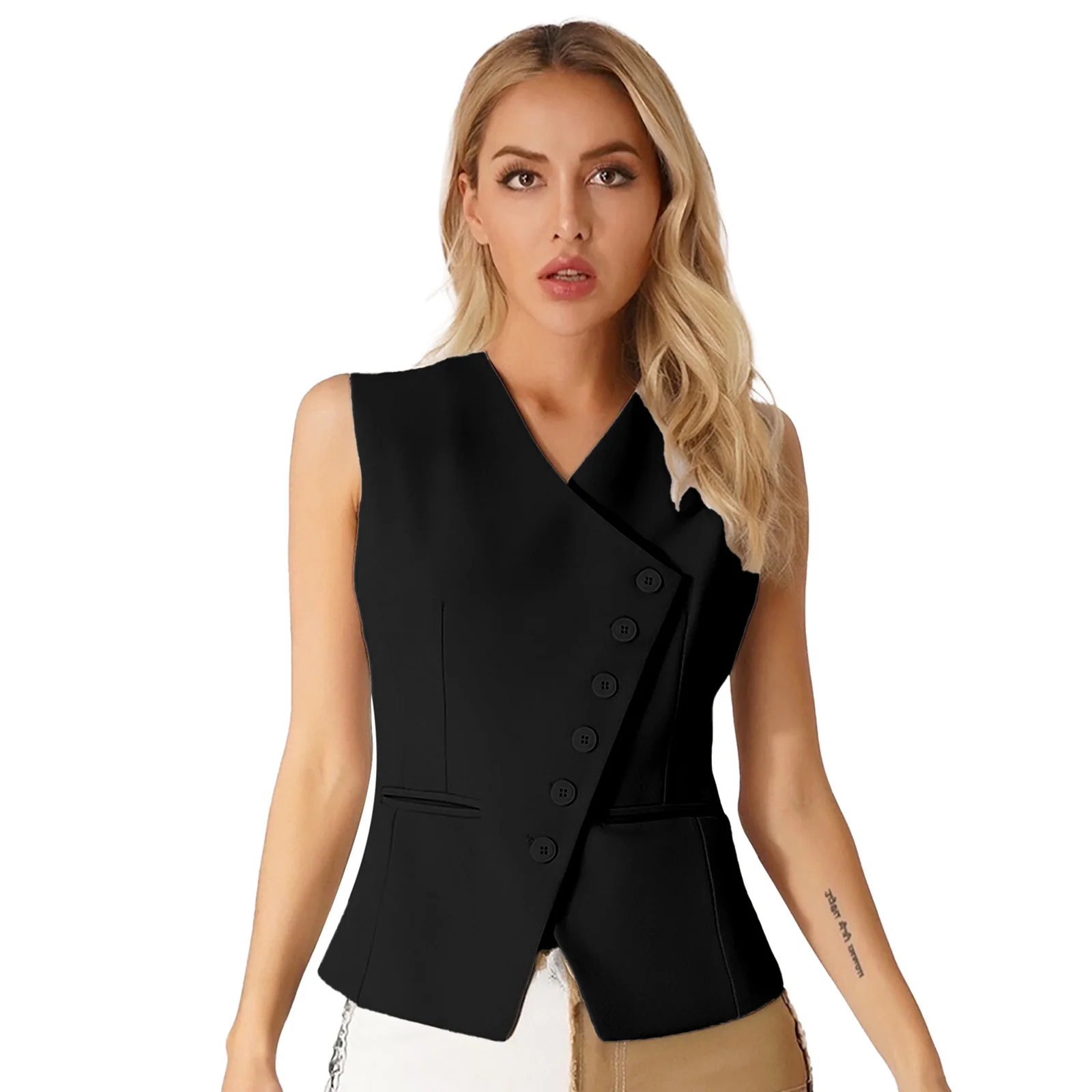 Fashion Womens Vests Elegant OL Waistcoat V Neck Front Button-down Tank Top Office Business Office Lady Sleeveless Top Slim Vest