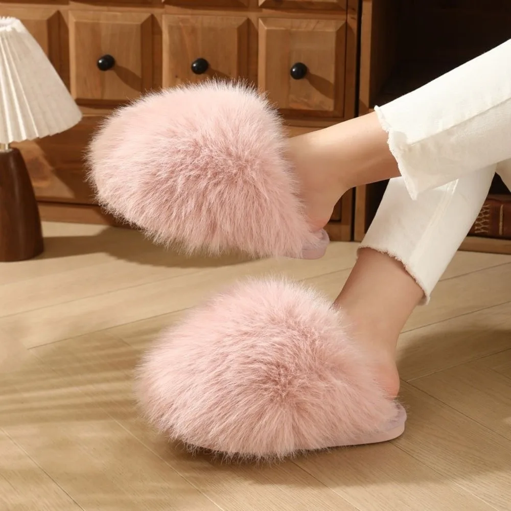 1 Pair Fluffy Faux Fur Women Fluffy Fur Slippers with TPR Non-slip Sole Non-slip Winter House Slippers Cozy Home Footwear