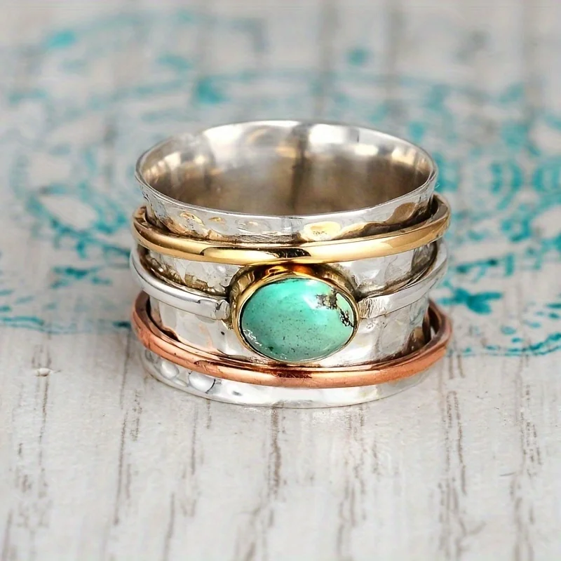 Retro simple synthetic turquoise plated three color wide face ring ring, women's holiday memorial jewelry