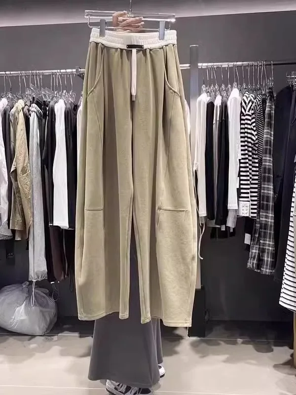 プラスサイズのワイドレッグパンツ女性用カジュアルドレープカラーブロードストリングフロアレングスパンツ春秋ルーズで快適