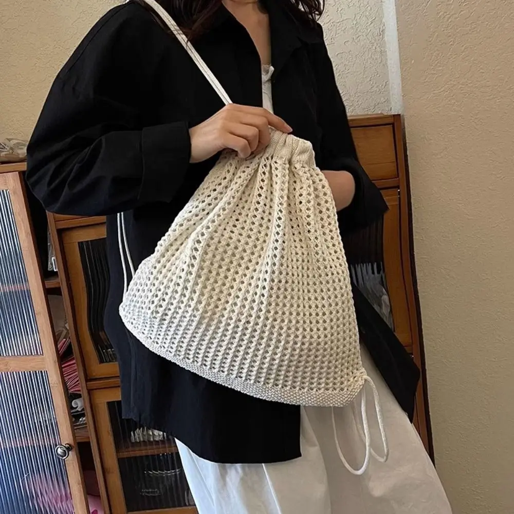 

Solid Color Knitting Shoulder Bag Lazy Style Hollow Out Bohemian Crochet Backpack Large Capacity Versatile