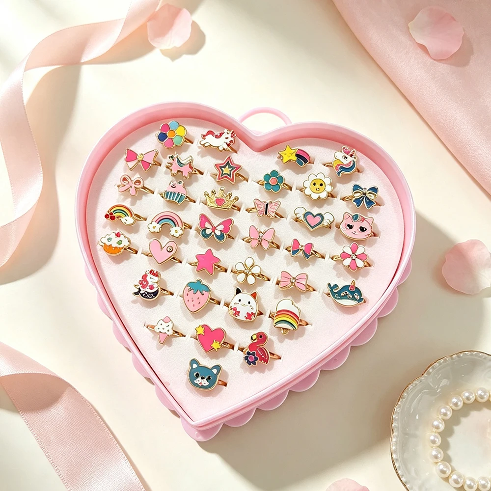 36Pcs Adjustable Ring Set with Unicorn, Bow, Rainbow, Crown, Flower, Cat, Strawberry, Heart-Shaped Designs, Kc Gold-Plated Rings, Bow Decoration, Heart-Shaped Storage Box, Girls' Dress-Up Jewelry, Birthday Party Gift S - view 5