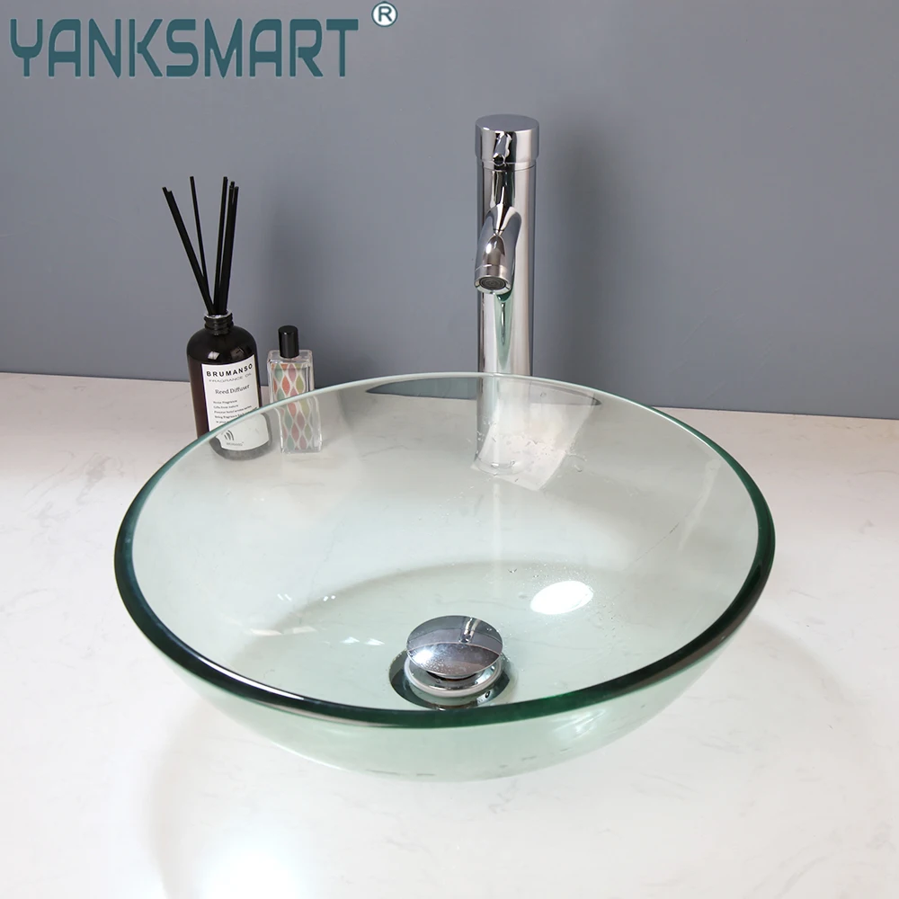 YANKSMART Round Bowl Bathroom Faucet Combo Glass Washbasin Vessel Basins Faucets Hot and Cold Sink Mixer Water Tap W/ Pup Drain