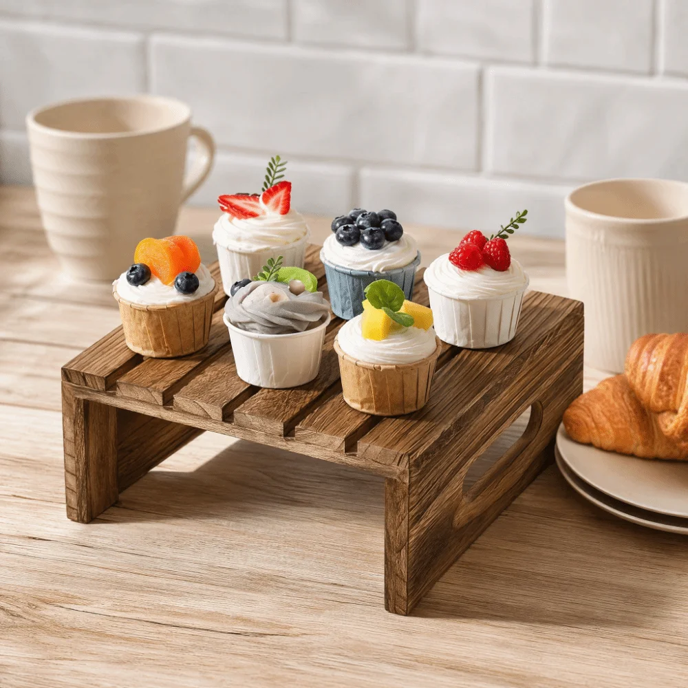 Solid Wood Dessert Display Stand Rustic with Handles Cake Rack Decorative Vintage Cupcake Display Riser Outdoor Wedding
