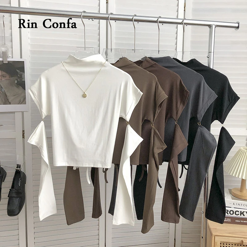 

Rin Confa Autumn American Retro Half Collar Short Crop Tops Fashion Pure Colour Knitting T-Shirt All-Match Slim Long Sleeve Top