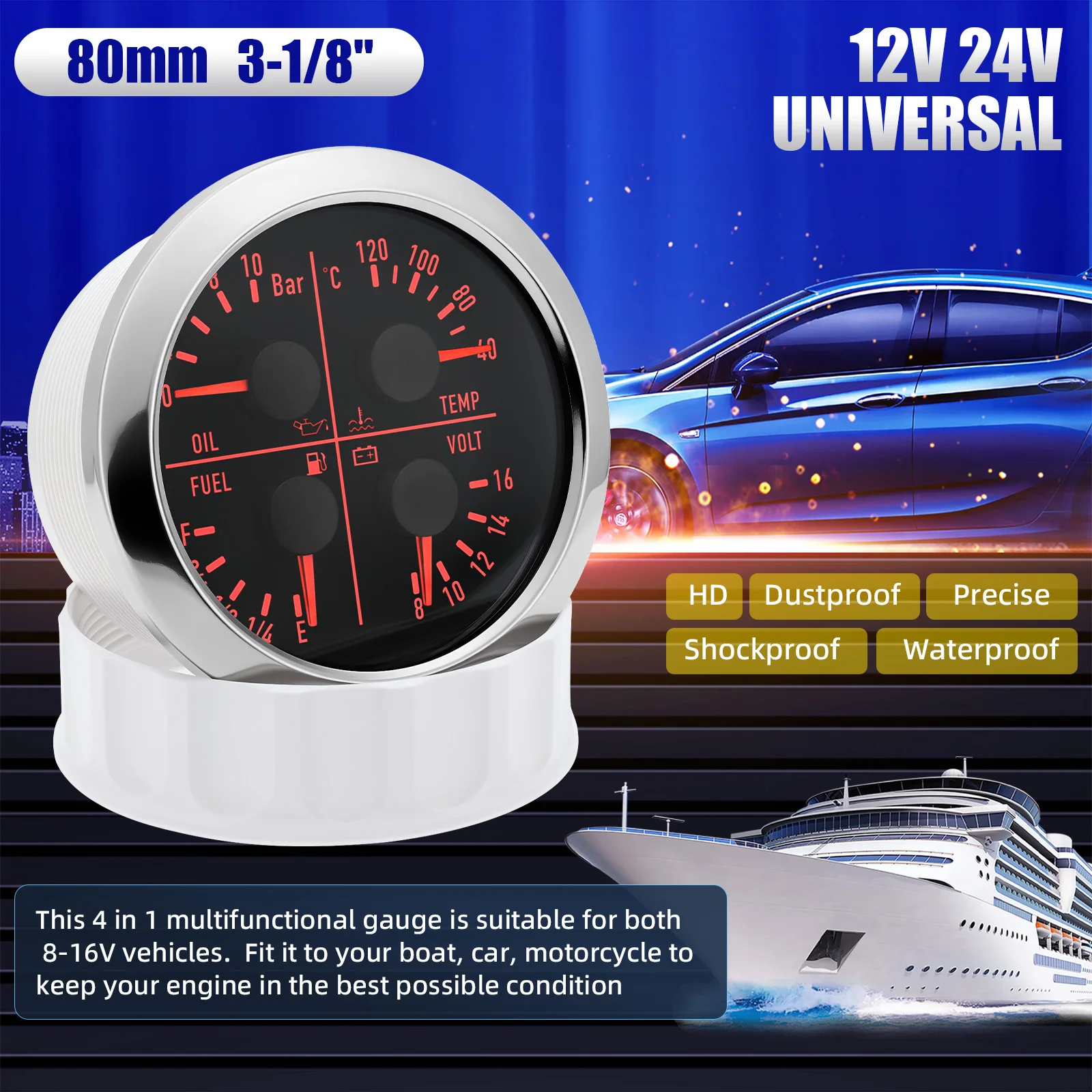 80mm 4 in 1 Gauge Water Temp Fuel Level Oil Pressure Gauge Volt With 7 Color LED Backlight Waterproof Gauge For Car Truck Boat