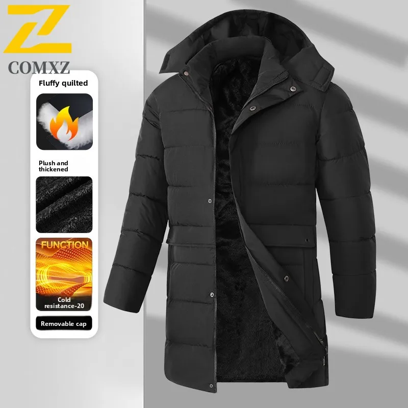 

2025 Мужская хлопковая куртка, зимняя утолщенная морозостойкая теплая съемная кепка, пальто на щуке, уличное повседневное длинное мужское ветрозащитное пальто на молнии