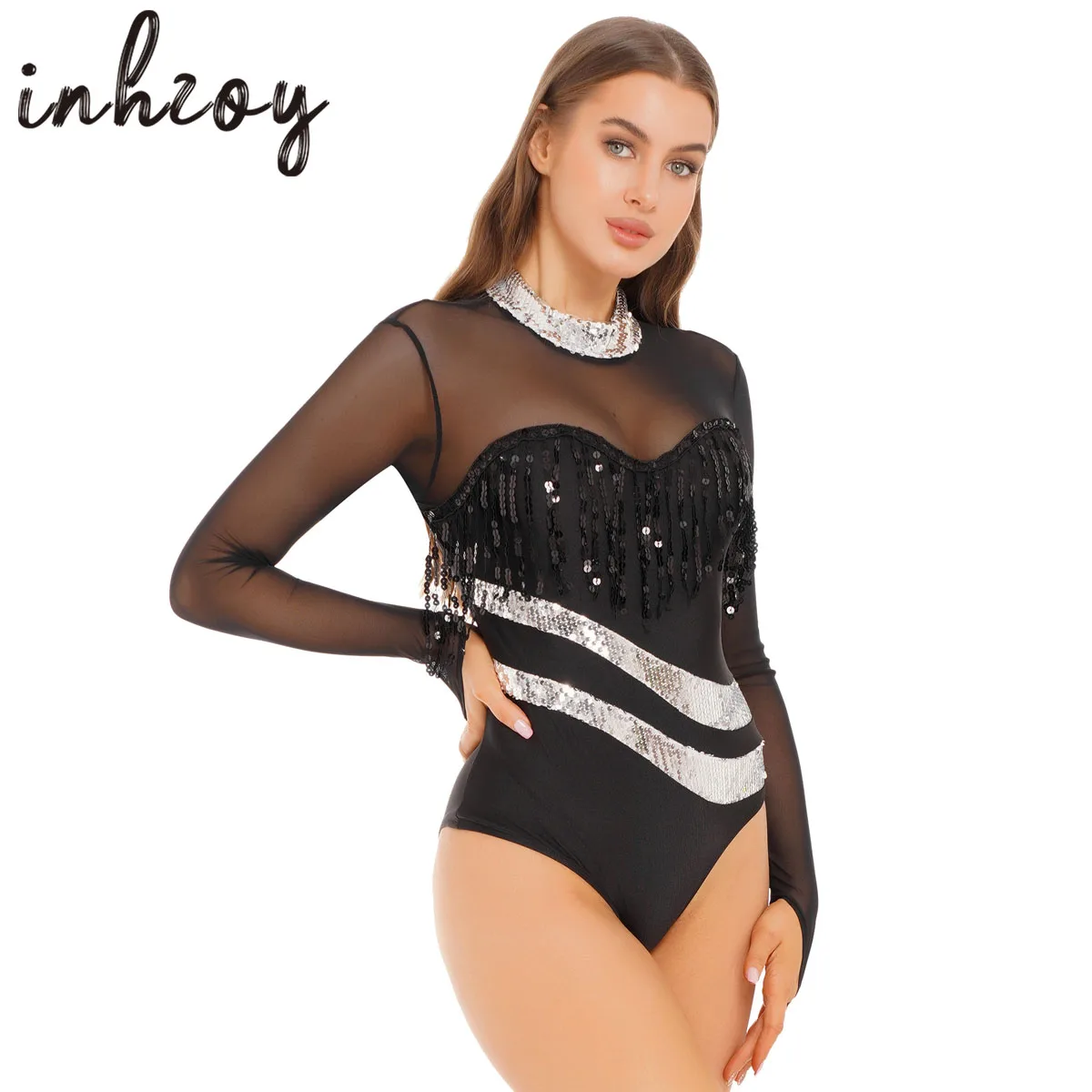 Shiny Strass Tanz Trikots Bodys für Frauen Langarm Sheer Mesh Aushöhlen Ballett Kostüm Outfit Ice Skating Overall