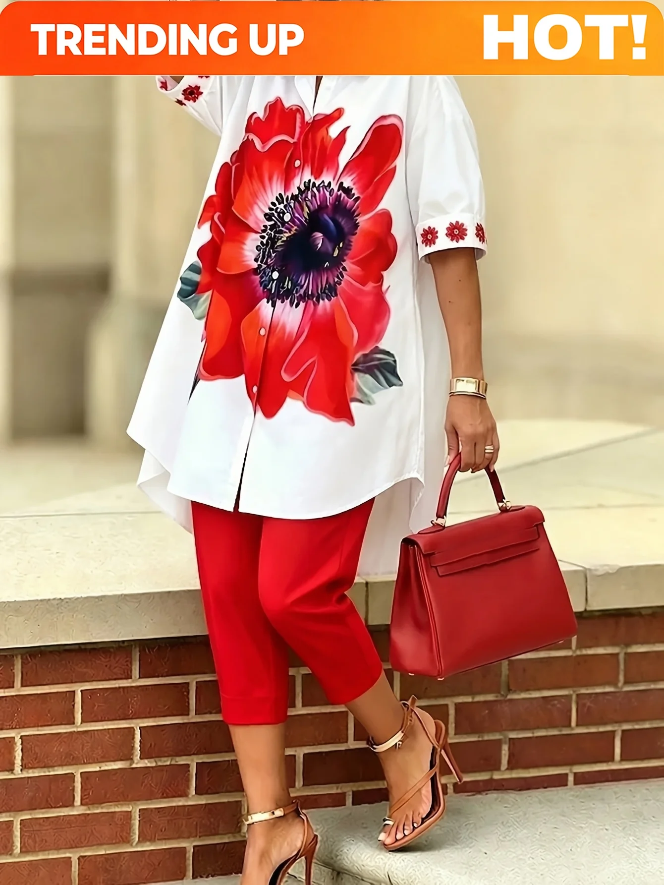 Customization Vintage Women Floral Printed 2 Piece Set Single-breasted Short Sleeves Turndown Collar Shirts Solid Slim Trousers
