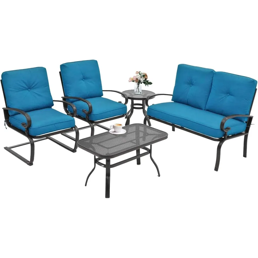 5-Piece Patio Furniture Conversation Set with Wrought Iron Two-Seat Sofa and Spring Chairs (Peacock Blue)