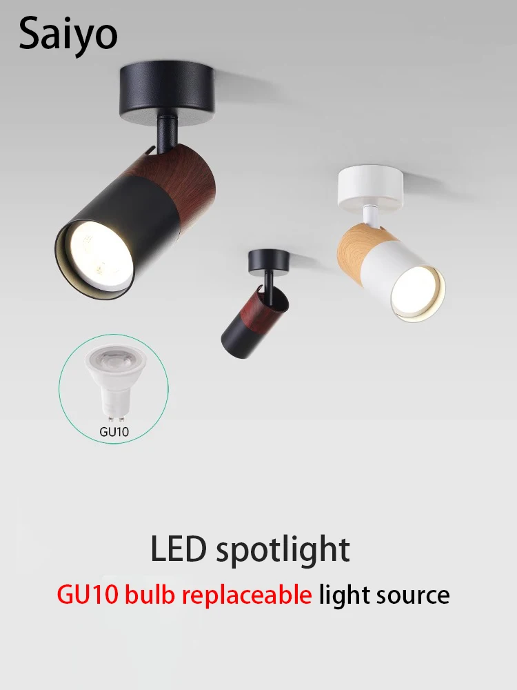 

Led Spotlights Surface Mounted GU10 Replaceable Bulb Spot Light Adjustable Angle Walnut Log Wood Color Ceiling Lamp COB Foco