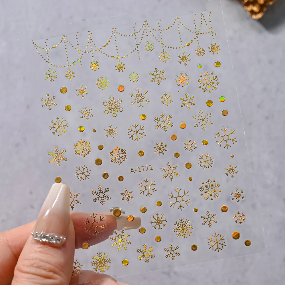 1 PC Christmas Snowflakes Nail Art Stickers Laser Gold 3D Snowflakes DIY Back Adhesive Sliders Xmas Manicure Decoration Decals