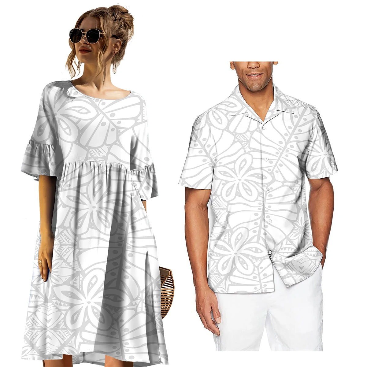 Polynesain Tribal White Elegant Midi Dress And Hawaii Oversized Men's Short Sleeve Shirt Summer Samoan Puletasi Couple Suit