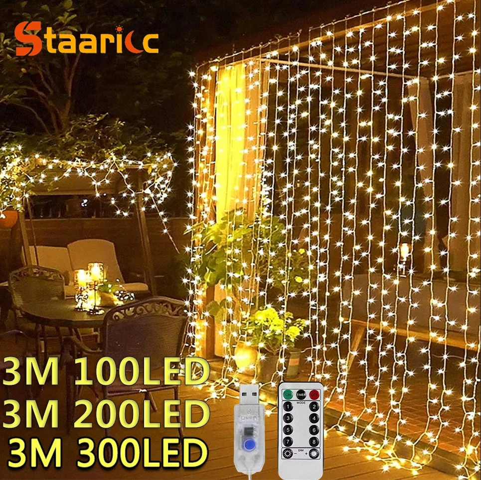Curtain Lights 300LED Dimmable Fairy Lights with Remote and Timer 8 Modes USB Powered String Lights for Room Wall Party Xmas