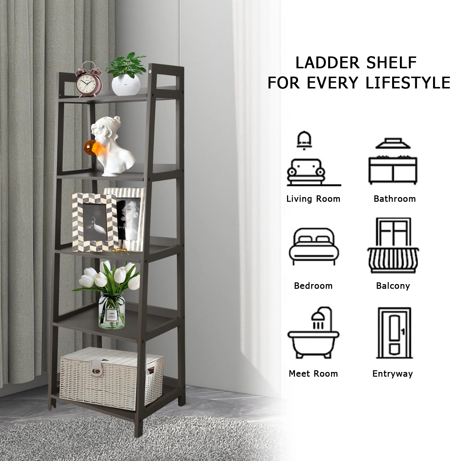 5 Tier Bookshelf, Modern Open Bookcase, Ladder Bookshelf Open Storage Rack Wood Ladder Shelf, Bookcase Shelf Storage Organizer