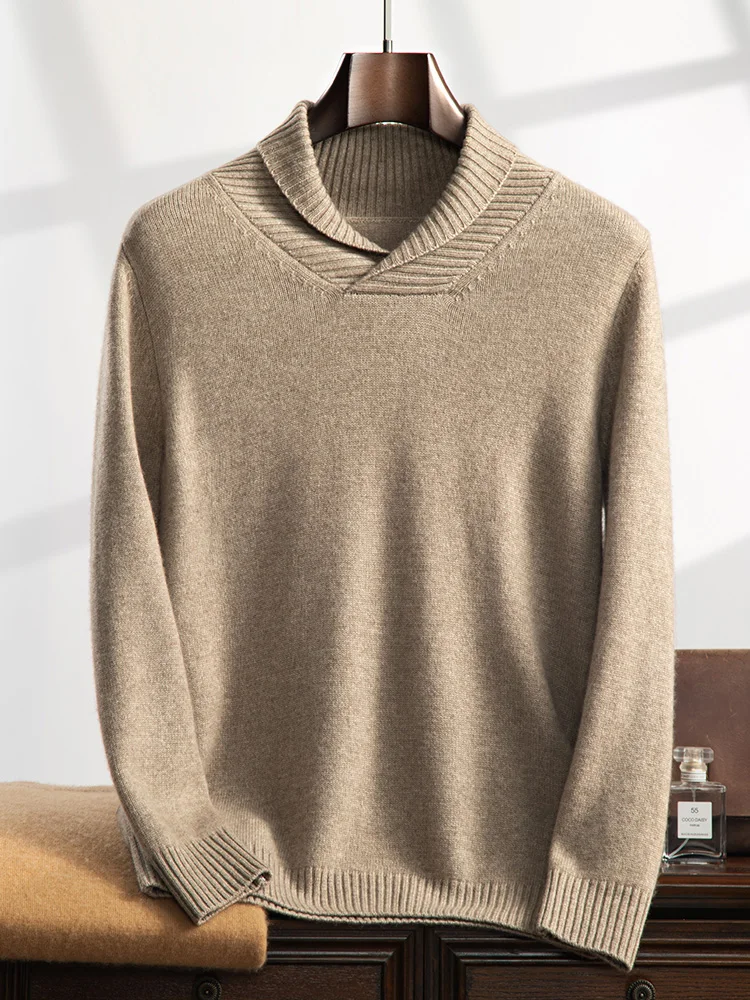 

High Quality Men Autumn Winter 100% Cashmere Sweater Lapel Collar Smart Casual Pullover Basic Long Sleeve Cashmere Knitwear Tops