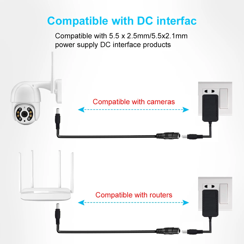 Gadinan 3M/5M/10M Cable Cord Connector Extender 5.5mm* 2.1mm Power Supply DC 12 Interface For IP WiFi POE Camera