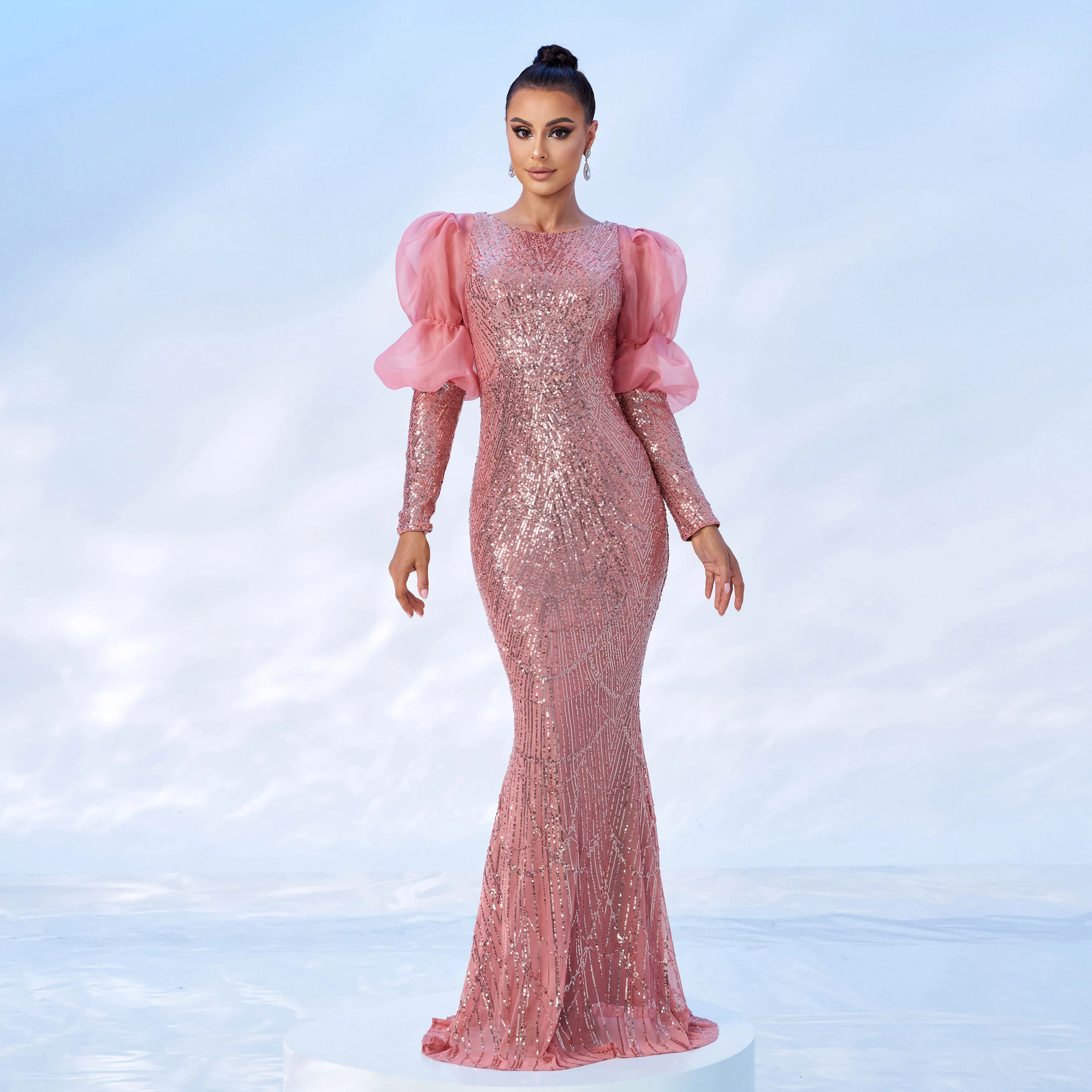 

Puff Sleeve Mermaid Sequin Long Elegant Luxury Modest Evening Dresses for Women