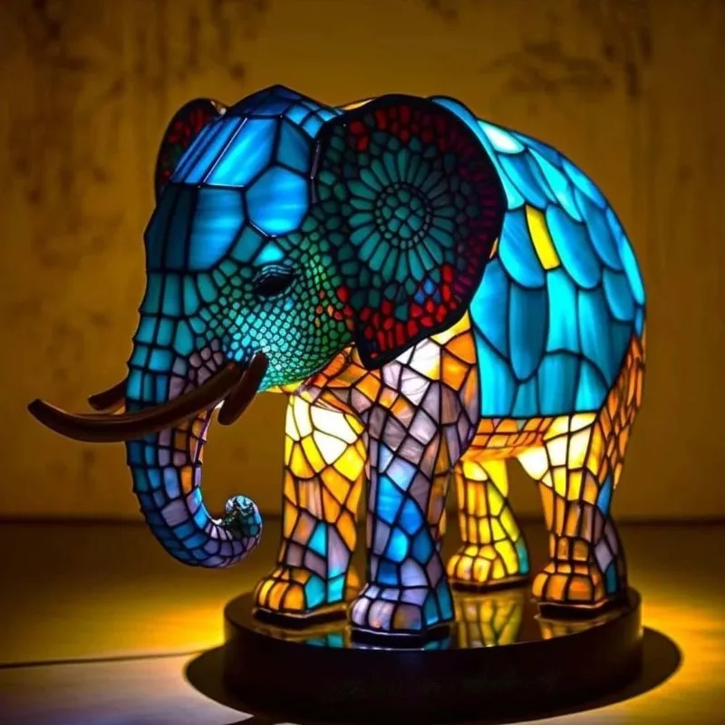 Resin Stained Glass Table Lamp Animal Bedside Lamp Resin Craft Night Light Creative Ornament Living Room Home Bedroom Decoration