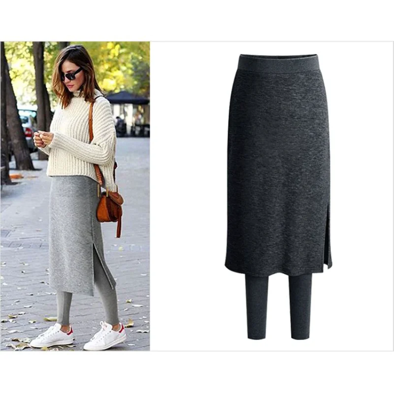 Women Fake Two Piece Skirt Pants High Waist Side Slit Knit Midi Skort Elastic Waist Casual Warm Bot Multi Color