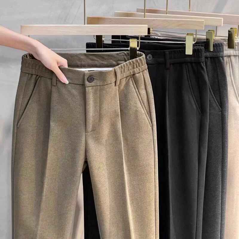 Autumn Winter Warm Men's Suit Pants Thicked Business Elastic Waist Classic Brown Woolen Straight Korean Work Formal Trouser Male