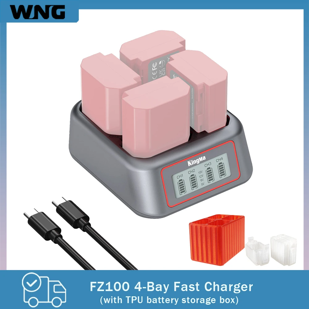 NP-FZ100 4-Bay Simultaneous Battery Charger for A6700 A7M5 FX3 A7S3 A9 With Memory Card Slot TUP Soft Battery Storage Box