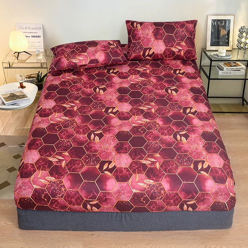 

Red Geometric Pattern Fitted Sheet with Pillowcase, Elastic Microfiber Soft Bedding Fitted Sheet 153x203x30cm