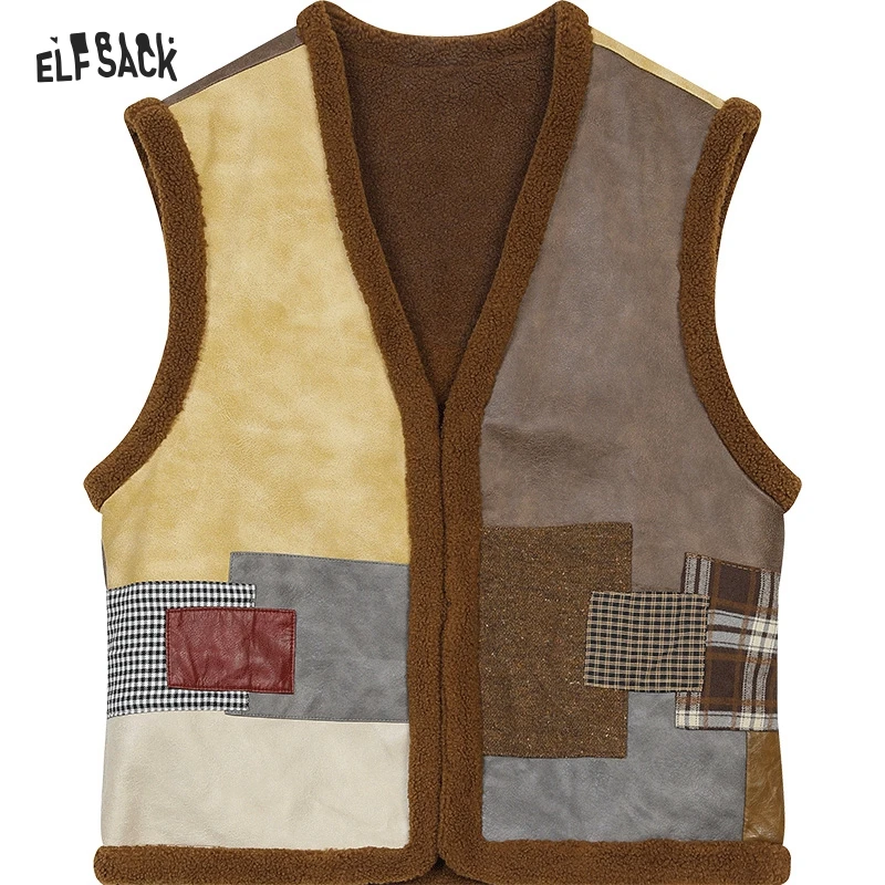 ELFSACK 2024 Autumn New Arrivals Retro Color Block PU Leather Vest for Women Plush Layering Gilet