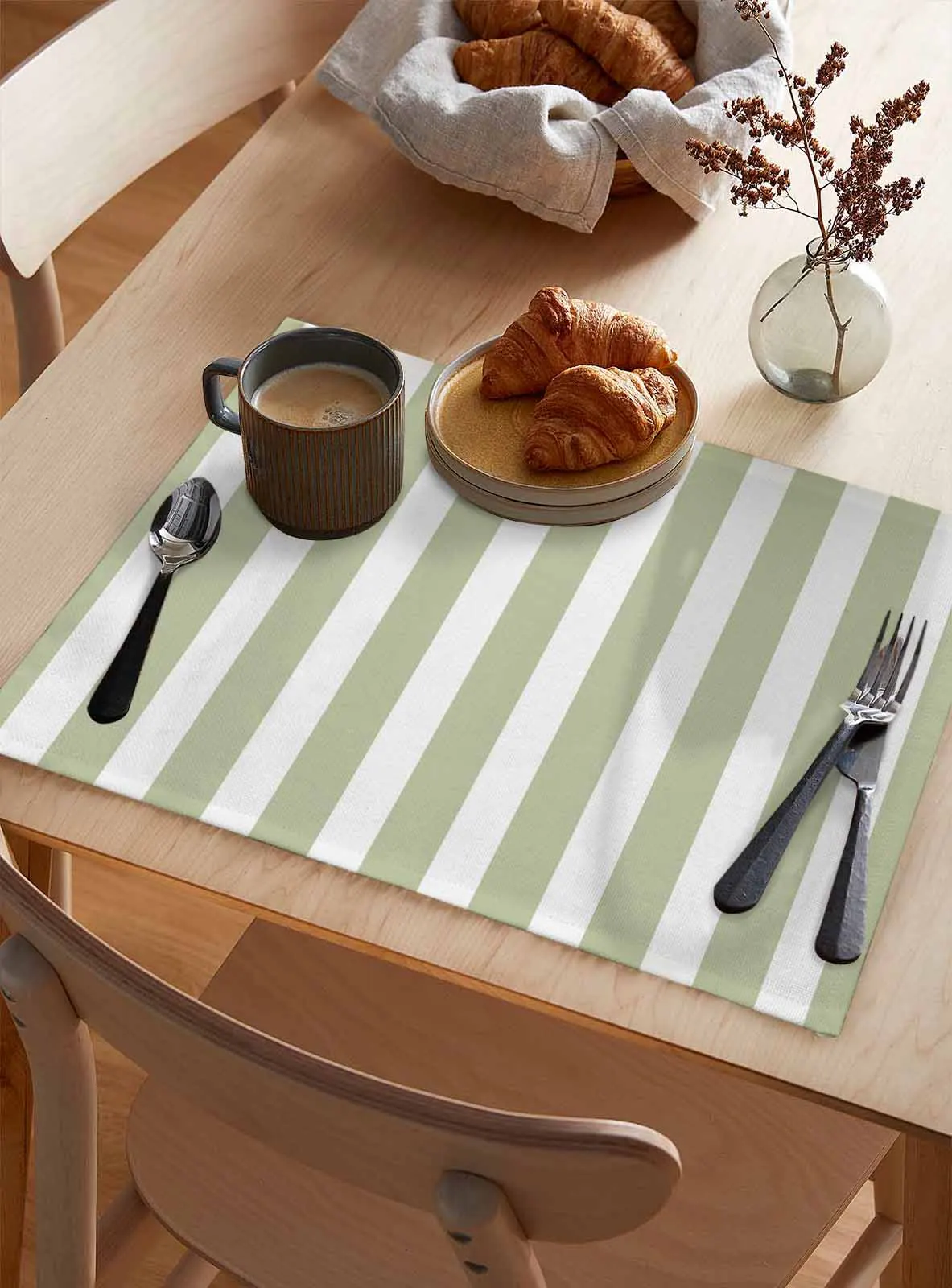 Striped Sage Green Kitchen Tableware Cup Bottle Placemat Coffee Pads 4/6pcs Desktop Mats