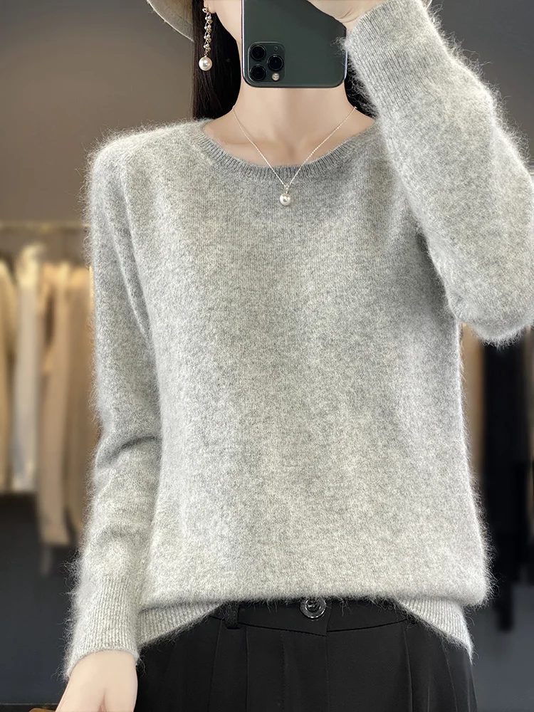 2024 New Women Basic O-neck Pullover Sweater 100% Mink Cashmere Long Sleeve Cashmere Knitwear Autumn Winter Female Clothing Tops