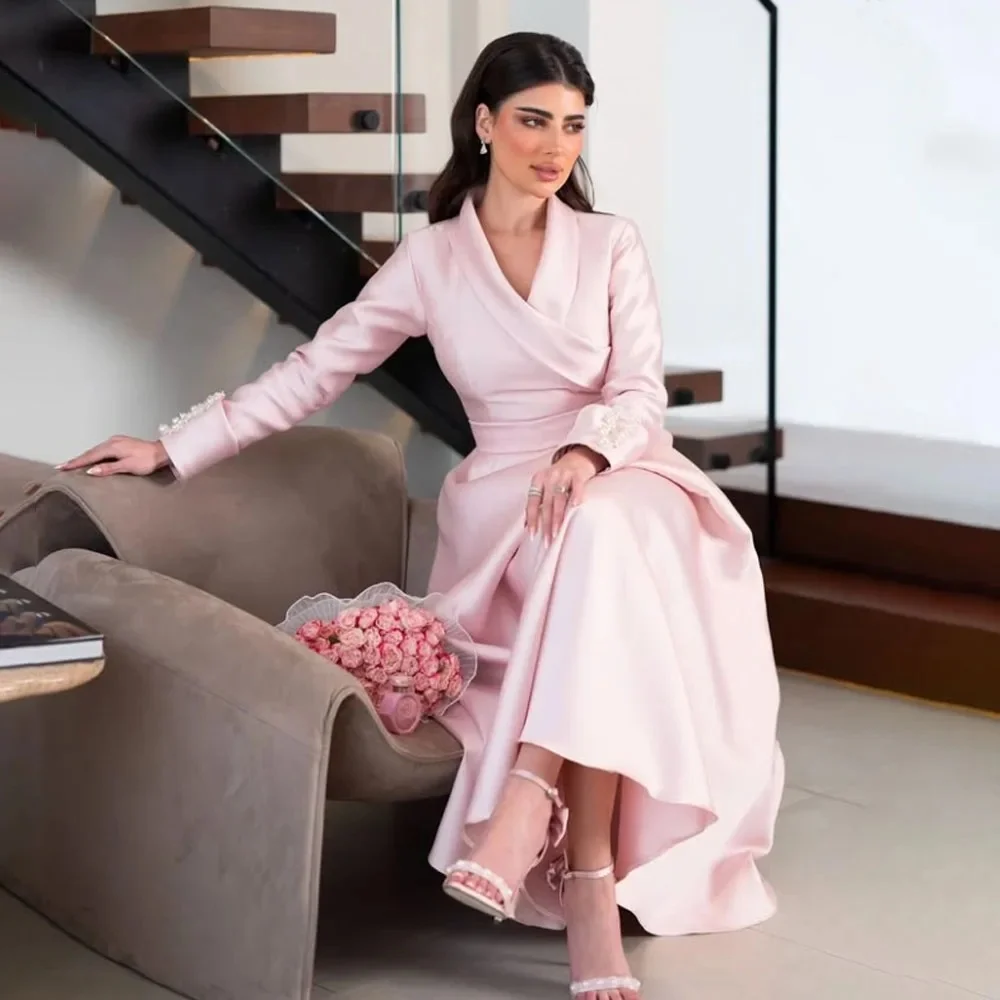 Индивидуальное женское вечернее платье с V-образным вырезом и длинными рукавами в саудовском стиле, розовое, длиной до щиколотки, для выпускного вечера, Robe Sirene Soiree Vestidos De Gala