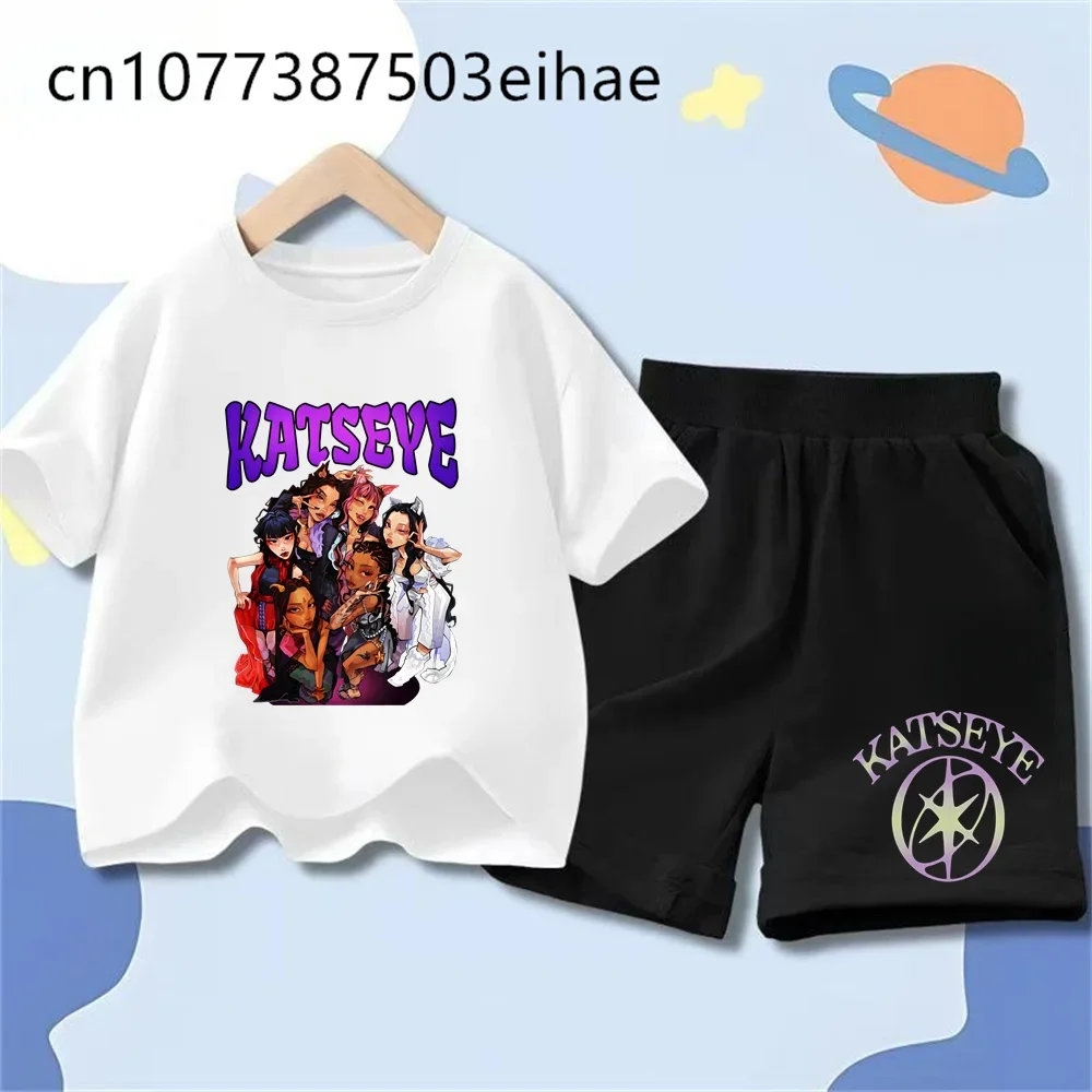 

Kids Hip Hop Streetwear Katseye Funny Print Boys Girls Short Sleeve Shorts Set Casual Sportswear Trendy Youth Fashion Clothing
