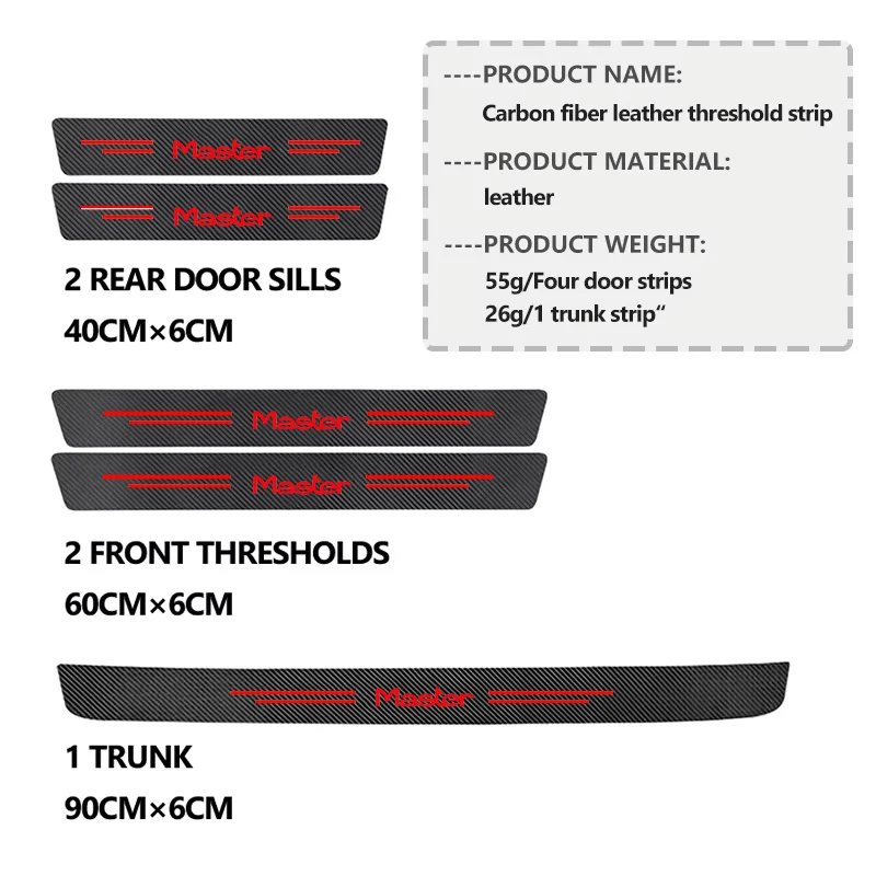 Carbon Leather Fiber Car Door Sill Plate For Renault Master Logo Rear Trunk Bumper Threshold Anti Scratch Strips Car Accessories