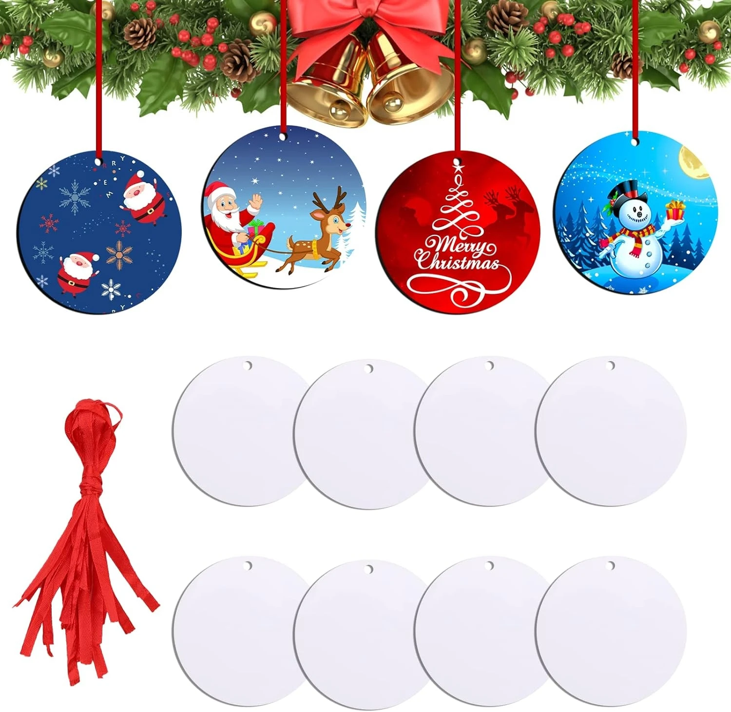 Adornos de sublimación navideños en blanco, colgantes de doble cara con cuerda roja, decoración personalizada de MDF